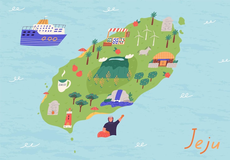 Peta pulau Jeju dengan landmark ilustrasi vektor datar kartun Pulau Korea Jejudo
