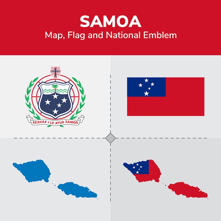 Vector peta samoa, bendera, dan lambang negara