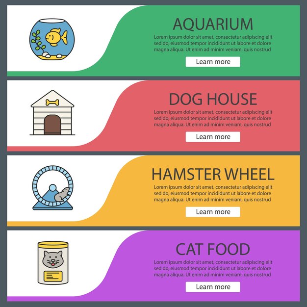 pets suppplies web banner templates set. aquarium, dog house, hamster wheel, cat food. website color menu items. vector headers design concepts
