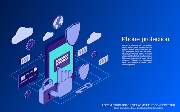 phone protection, computer security flat  isometric  concept 