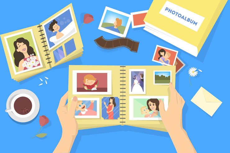 Photo album with family photos. Photography with happy people. Good memory.  illustration .