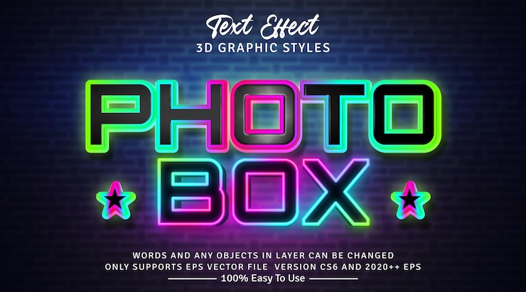 Vector photo box realistic glow letters editable text effect