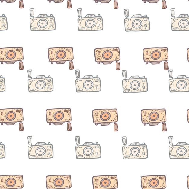 photo camera seamless pattern. cute vintage cameras background. repeated texture in doodle style for fabric, wrapping paper, wallpaper, tissue. vector illustration.