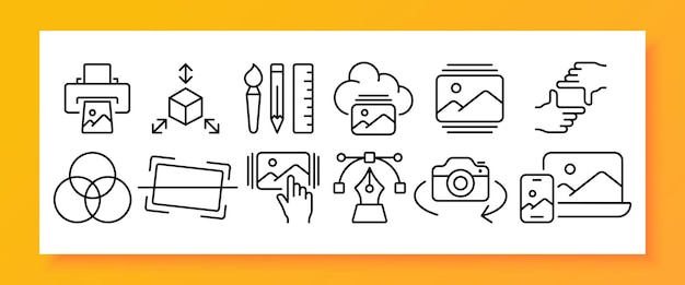 photo set icon printer 3d modeling portrait filters correction framing cloud storage cropping effects art brush gallery etc photography concept vector line icon for business