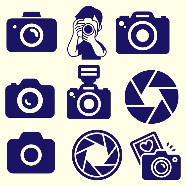 Photography studio light film cameras and camera on tripod line photo lens vector