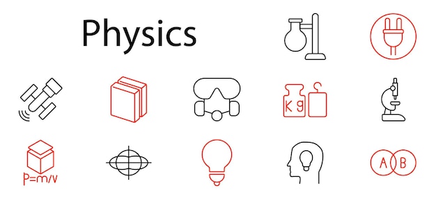 Physics set icon Telescope book goggles weights microscope density lightbulb head formula experiment measurement tools scientific research lab equipment discovery study