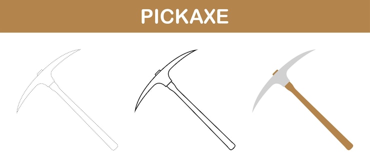 Vector pickaxe tracing and coloring worksheet for kids