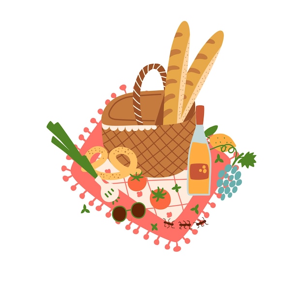 Picnic basket Summer picnic isolated element Picnic basket on red blanket Outdoor activity Picnic background Food tomato fruits baguette bottle lemonade vector illustration Garden breakfast poster