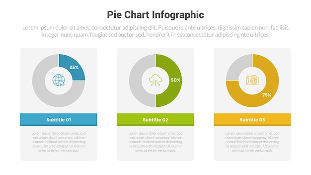 piechart or pie chart diagram infographics template diagram with 3 point with piechart on box horizontal design for slide presentation vector