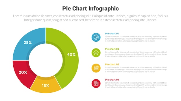 piechart or pie chart diagram infographics template diagram with 4 point with big piechart circle and small circle stack vertical description design for slide presentation vector
