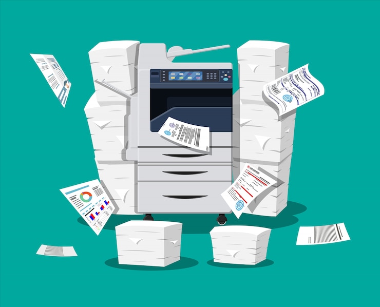 Vector pile of paper documents and printer