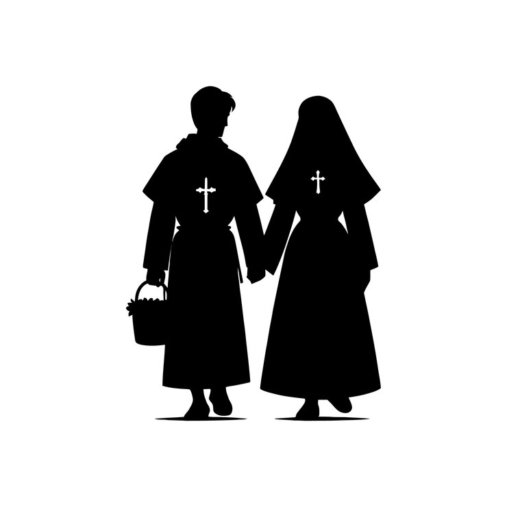 Pilgrim Couple Silhouette Holding Hands Religious Vector Illustration with Cross Details