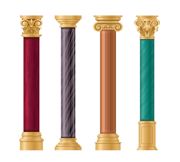 Vector pillars architectural set. classic marble column with gold pillar  in ancient different styles