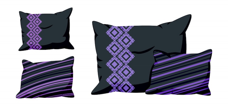 Vector pillows black, flat cartoon set with decorative pattern. dark stylish square cushion, for bed, sofa