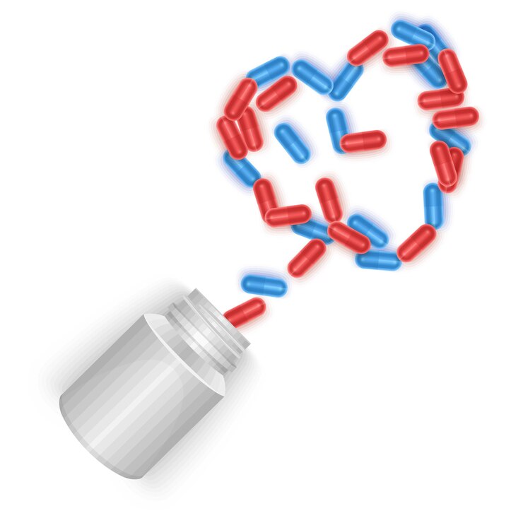 Vector pills or tablets and capsules arranged in heart shape with white pill bottle vector illustration