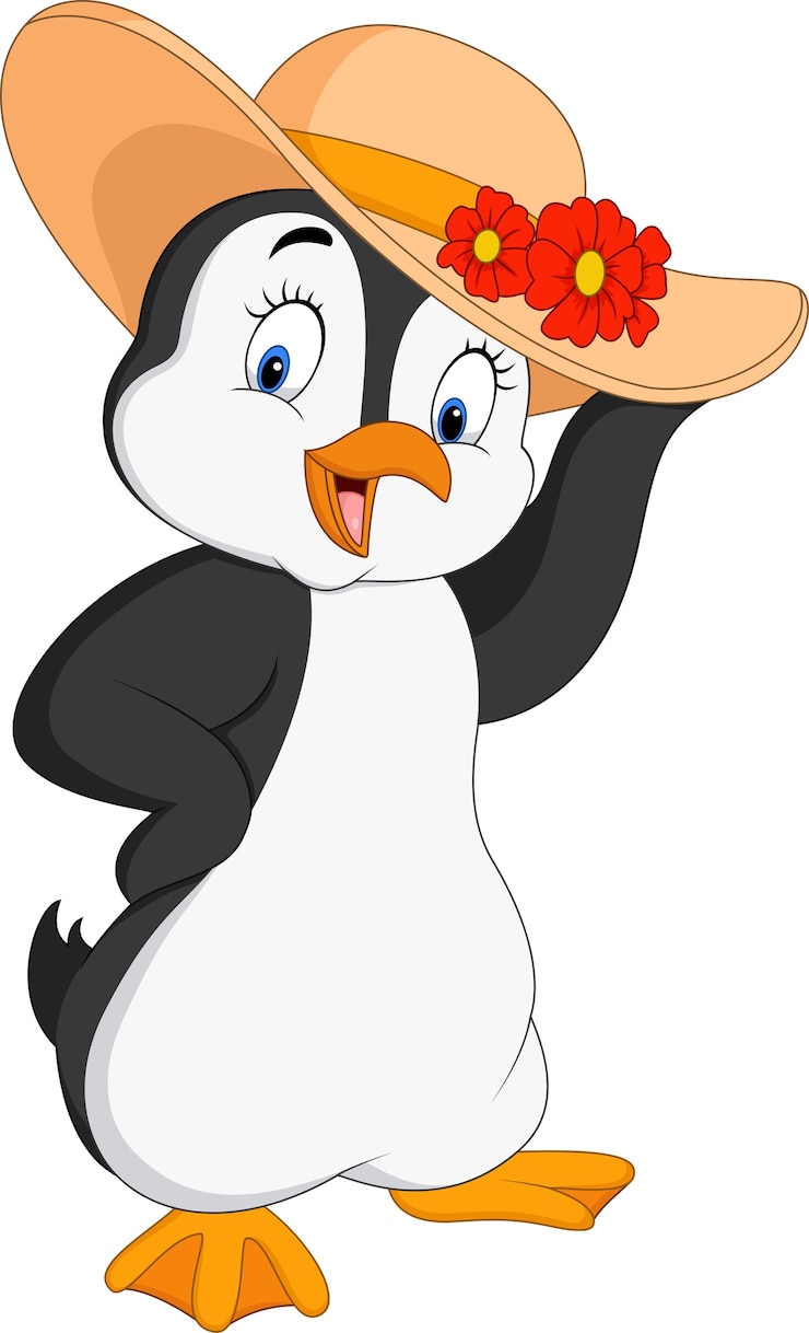 Vector pinguin kartun mengenakan jerami musim panas
