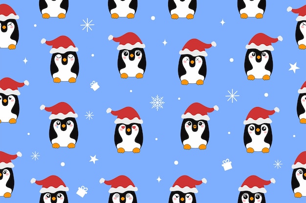 Pinguin kecil lucu Natal dengan topi Santa Karakter kartun hewan lucu Natal Ilustrasi vektor