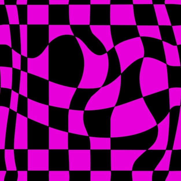 Pink and Black Groovy Wavy Melted Psychedelic Checkerboard Y2K 90s seamless pattern vector background Retro hippie trippy optical repeat texture wallpaper textile design