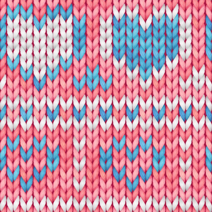 Vector pink and blue seamless knitted pattern with hearts. woolen cloth.