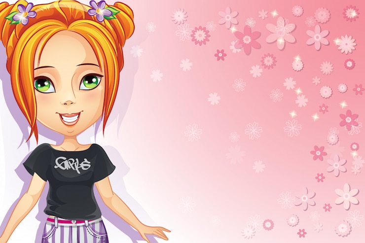 Vector pink background with flowers and girl teens.