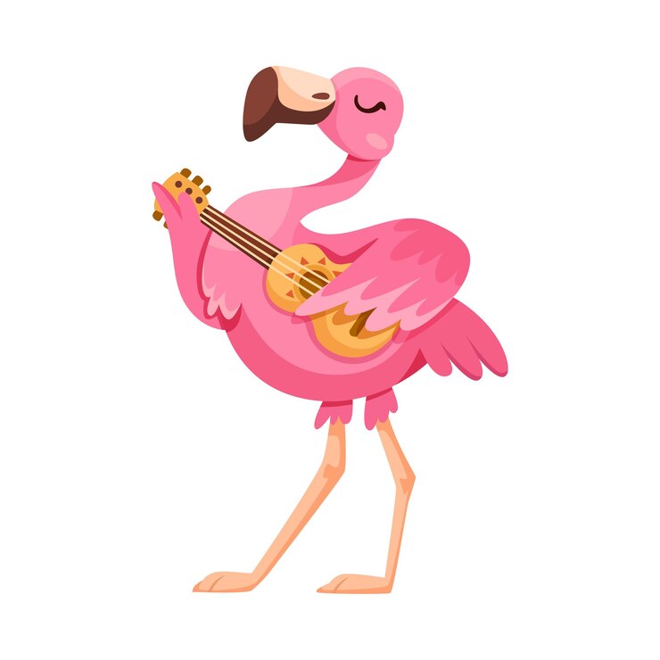 Vector pink flamingo character with long neck and legs playing guitar vector illustration