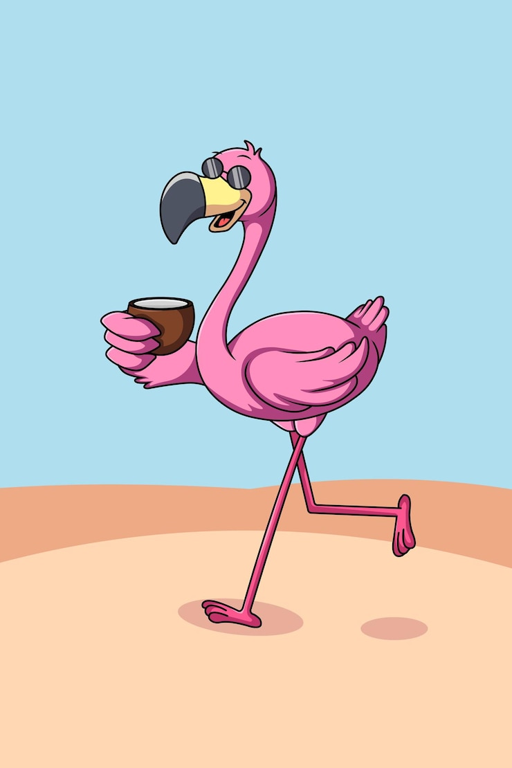 Vector pink flamingo drink coconut cartoon illustration