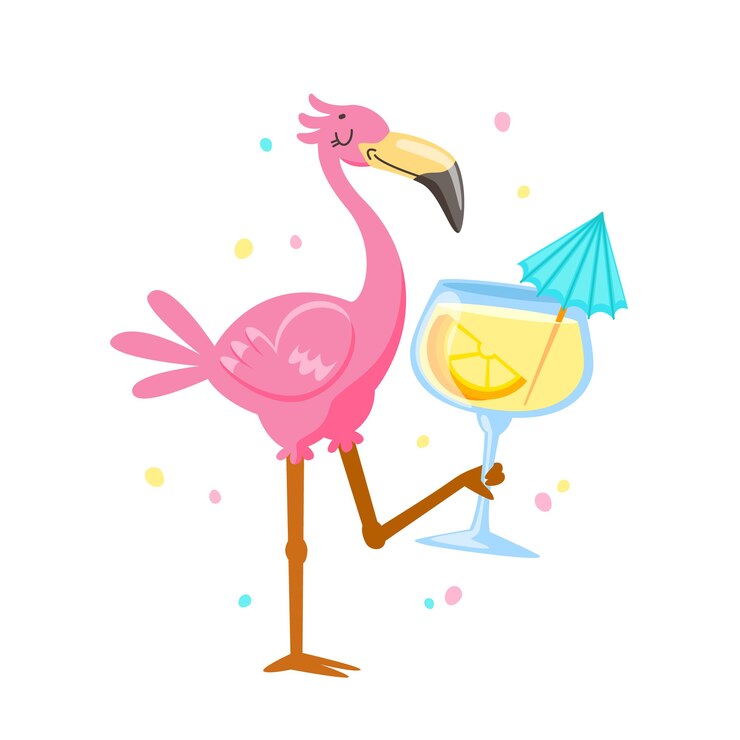 Vector pink flamingo drinking cocktail