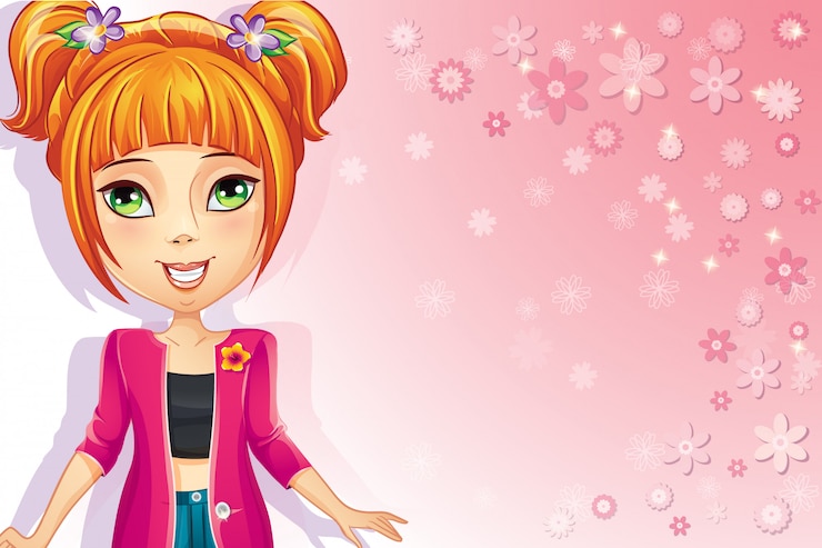 Vector pink floral background with teen girl.