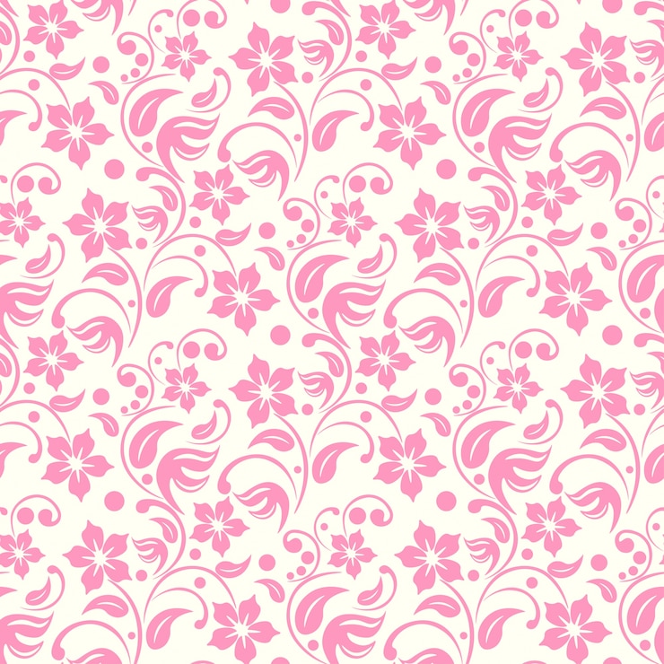 Vector pink flowers leafs and dots seamless pattern