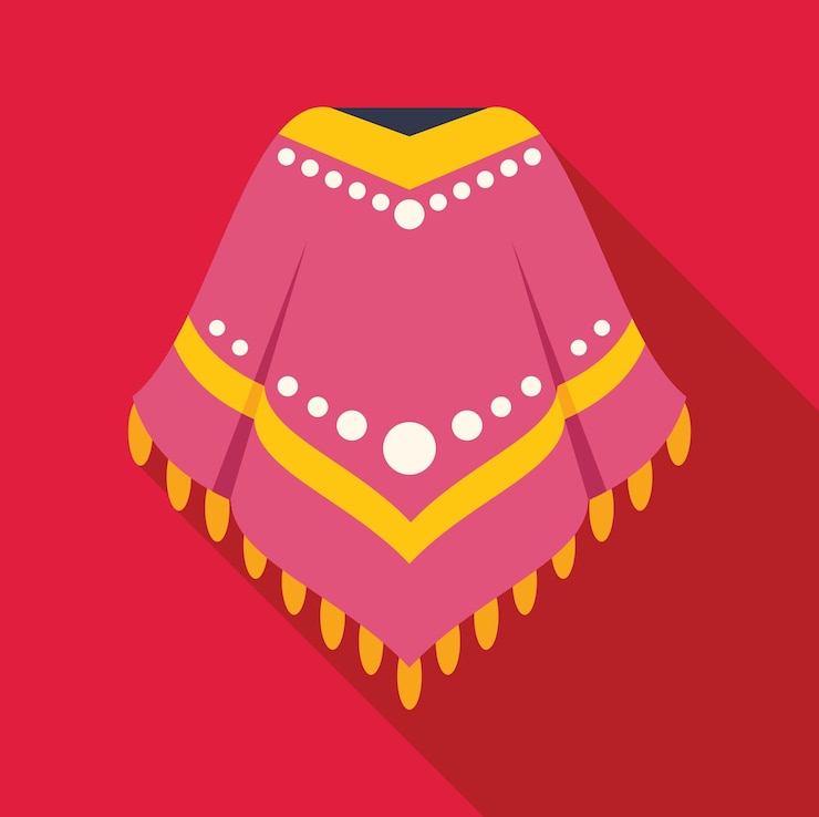 Vector pink mexican poncho with yellow trim and tassels on red background