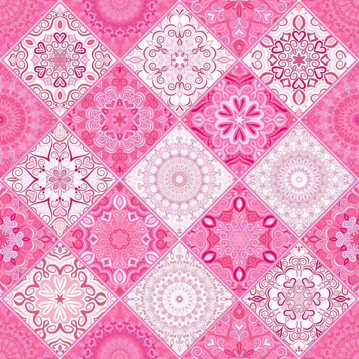 Vector pink patchwork mandala pattern from round flower ornaments placed in square tiles