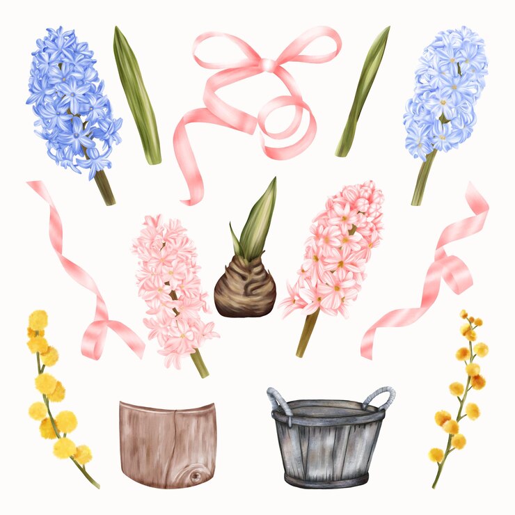 Vector pink pink and yellow flowers hyacinths and spring mimosa flowers with green leaves straw pot ribbon bow