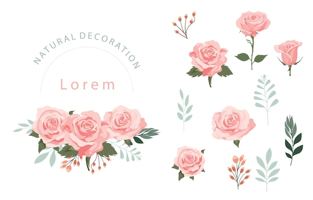 pink rose object element set with leafillustration vector for postcardsticker