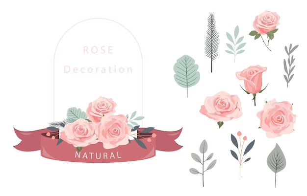 pink rose object element set with leafillustration vector for postcardsticker