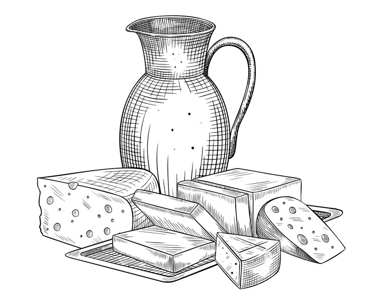 Vector pitcher with milk and cheese slices vector illustration outline drawing of dairy products painted by