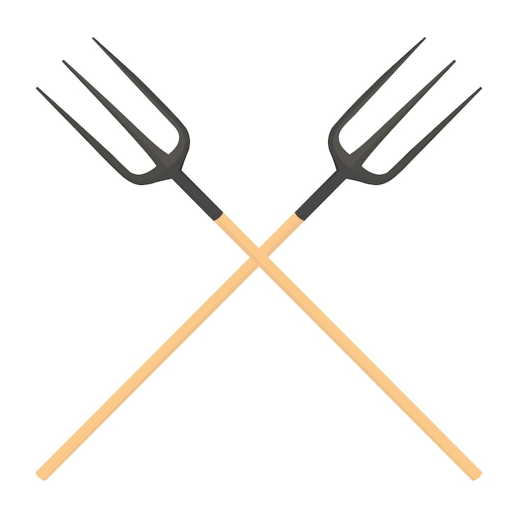 Vector pitchfork on white background isolated. metal hayfork with wooden hand in style flat. garden tool ve