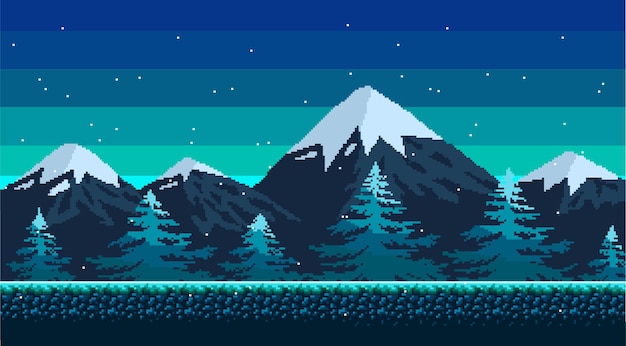 pixel art background snowy mountains at night landscape for game or application seamless vector illustration eps 10