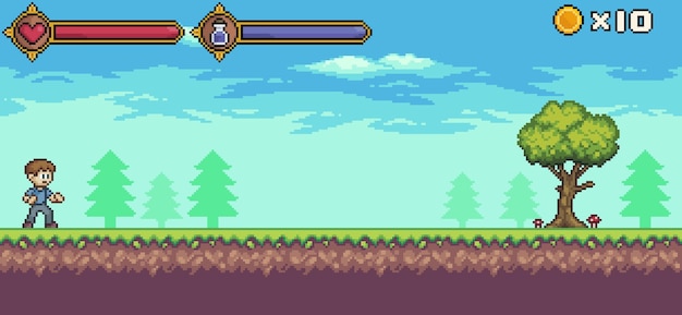 Pixel art game scene with character life bar and mana tree cloud vector background for 8bit game