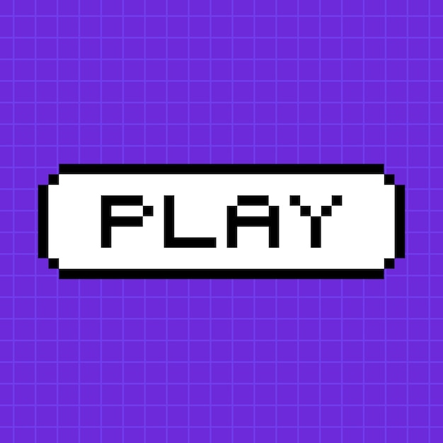 Pixel button with the inscription play in 8bit style isolated on a bright purple background A popup