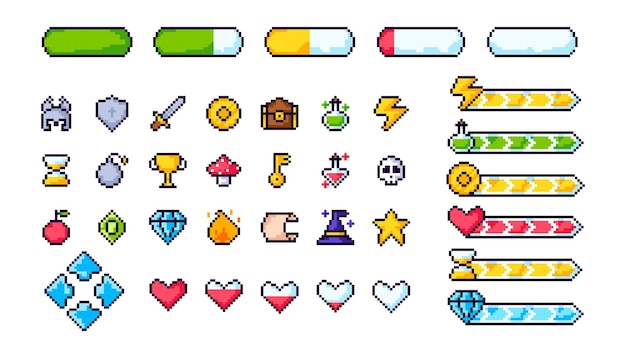 Pixel game menu resources, level, live bars and buttons.