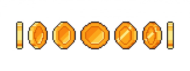 Pixel gold coin animation for bit retro game, golden pixelated coins isolated.