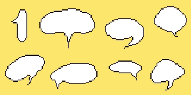 pixel speech bubble collection chart dialogue boxes retro game 8 bit line text box yellow black and white color empty pixelated message bar quote cloud frames flat design vector illustration