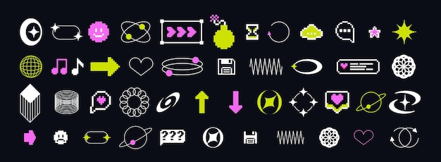 pixels and geometric line elements set y2k trendy stickers mood of 90s aesthetics 8bit retro style