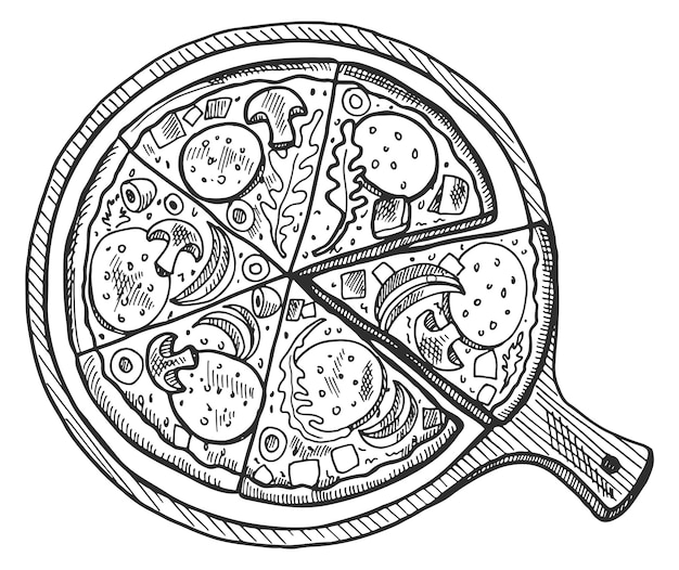 Pizza engraving Menu illustration for sliced pie meal