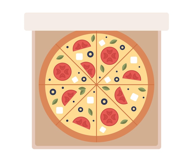 pizza in open cardboard box icon. pizza with tomate, olives, basil, cheese top view. delivery food.
