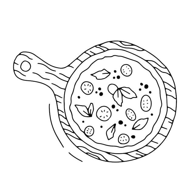 pizza on board doodle illustration vector outline sketch isolated on white