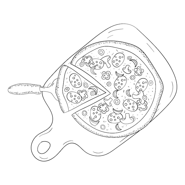 Pizza on the board line art vector