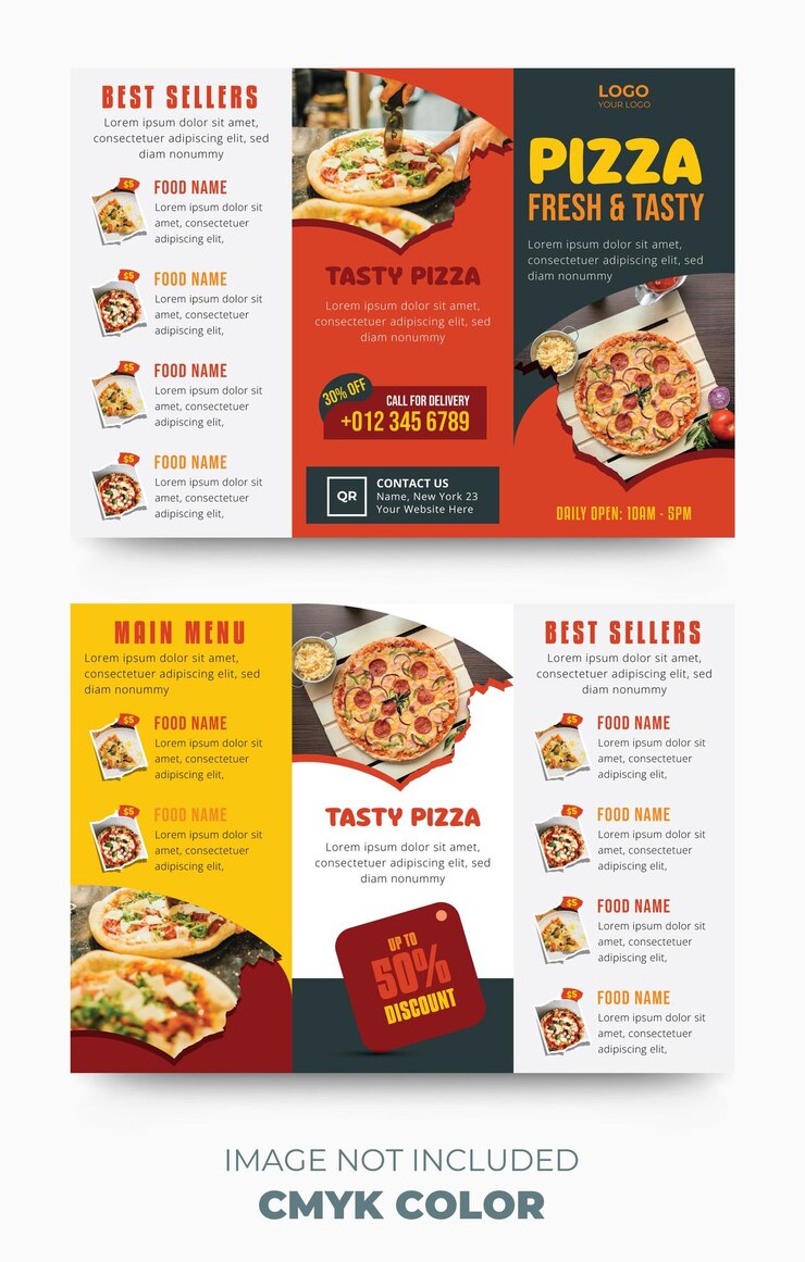 Vector pizza trifold brochure design and fast food menu template