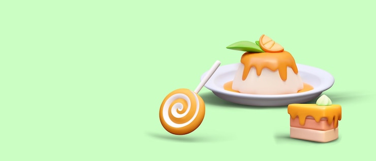 Vector placard with cake on plate orange lollipop and slice of pie with fruit cream