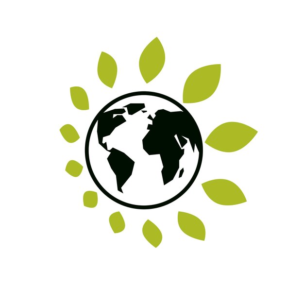 Planet bumi dengan daun di sekitarnya, logo atau ikon vektor sederhana melambangkan perlindungan lingkungan dan masalah perubahan iklim.